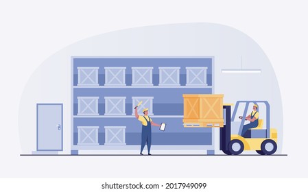 Warehouse man worker with forklift. vector illustration