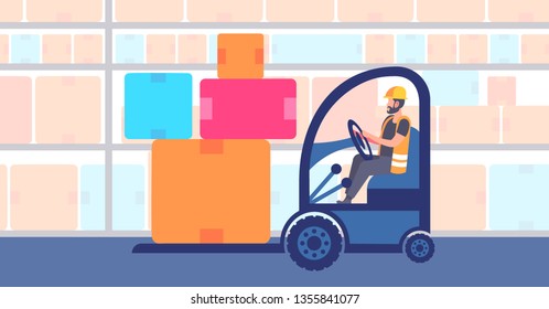 warehouse man worker in uniform driving forklift truck stacking cardboard boxes delivery and transportation logistic storage industry commercial business concept horizontal