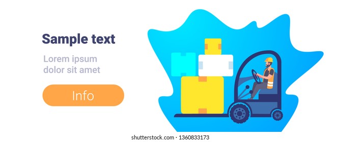 warehouse man worker in uniform driving forklift truck stacking cardboard boxes delivery and transportation logistic storage industry commercial business concept horizontal copy space