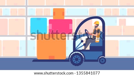 warehouse man worker in uniform driving forklift truck stacking cardboard boxes delivery and transportation logistic storage industry commercial business concept horizontal