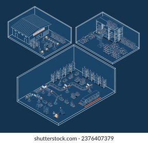 Gestión de almacenes con servicio autónomo de operaciones de transporte de robots y automatización en la gestión de productos, sistemas de IA para el trabajo. Ilustración del vector EPS 10