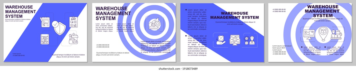 Warehouse management blue brochure template. Storehouse organization. Flyer, booklet, leaflet print, cover design with linear icons. Vector layouts for magazines, annual reports, advertising posters