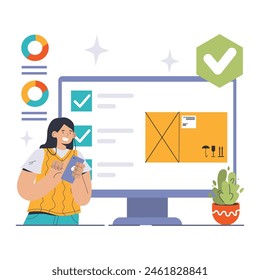 Warehouse Management concept. A focused manager organizes inventory with a digital system for efficient warehousing operations. Data-driven stock control. Flat vector illustration
