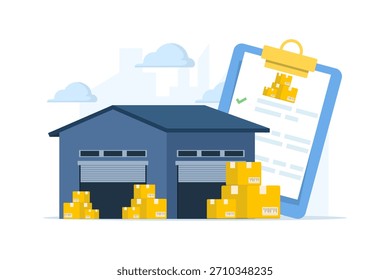 Concepto de gestión de almacenes, control de inventario, organización de almacenamiento, operaciones logísticas, seguimiento de productos, flujo de trabajo de la cadena de suministro e ilustración de sistema de almacén eficiente.