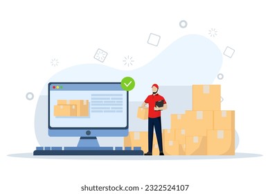 warehouse management concept. The warehouse manager maintains shipment records. Inventory control and product warehouse are still being examined. Flat Vector illustration on white background.