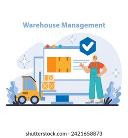 Warehouse Management concept. Showcases organized inventory storage and effective use of monitoring systems for accuracy. Focuses on streamlined warehouse operations with technology.