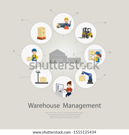 Warehouse management concept with worker and equipment vector illustration