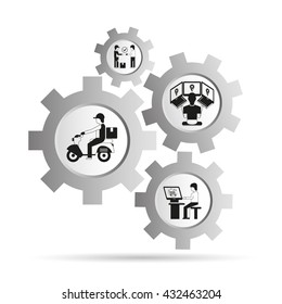 warehouse management, delivery service icons, gear diagram