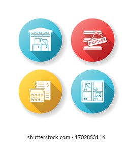 Warehouse management flat design long shadow glyph icons set. Goods counting, shortage identification, financial bookkeeping. Storekeeping, storage control. Silhouette RGB color illustration