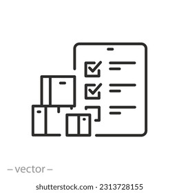 icono de gestión de almacén, control de inventario o mercancías, cajas con tableta, símbolo de línea sobre fondo blanco - ilustración de vector de trazo editable eps10