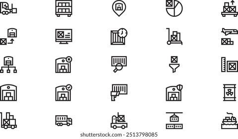 Symbole für die Lagerverwaltung Hochwertige Vektorsymbol-Kollektion mit bearbeitbarem Strich. Ideal für professionelle und kreative Projekte.