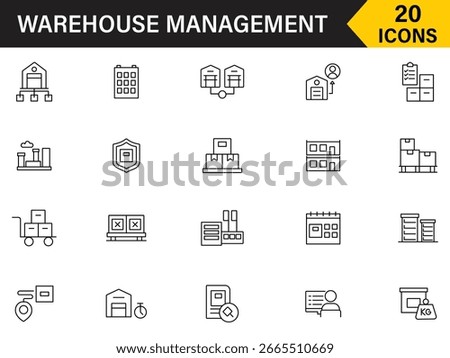 Warehouse management icons set. Set of 20 icons related to fulfilment, inventory, distribution, storage, stock, basement, depot, factory and more. Editable stroke. Vector illustration.