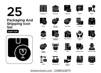 Warehouse Management and Inventory Logistics. Supply Chain, Distribution, and Storage. Vector Illustration. Glyph solid icon set