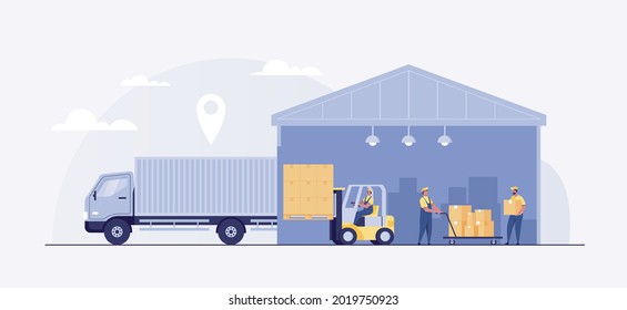 Warehouse Management, logistic process,  forklift driver, Warehouse Loading Truck Working Forklift. Warehouse worker loading boxes in truck. Load cargo boxes onto trucks. vector illustration