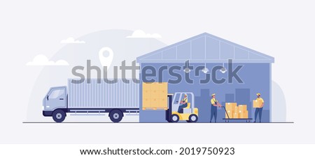 Warehouse Management, logistic process,  forklift driver, Warehouse Loading Truck Working Forklift. Warehouse worker loading boxes in truck. Load cargo boxes onto trucks. vector illustration