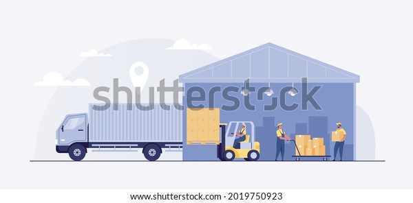 Warehouse Management, logistic process, \
forklift driver, Warehouse Loading Truck Working Forklift.\
Warehouse worker loading boxes in truck. Load cargo boxes onto\
trucks. vector\
illustration