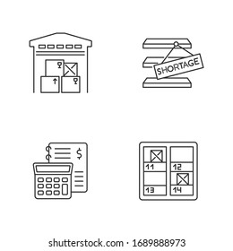 Conjunto de iconos lineales perfectos de gestión de píxeles de almacén. Recuento de bienes, contabilidad financiera, almacenaje. Símbolos de contorno de línea delgada personalizables. Ilustraciones aisladas del contorno vectorial. Trazo editable