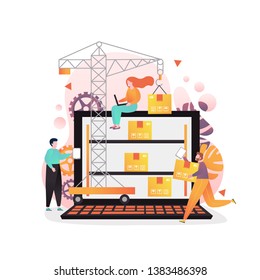 Warehouse management software concept vector illustration. Tower crane putting cardboard boxes on big laptop shelves, tiny people workers.