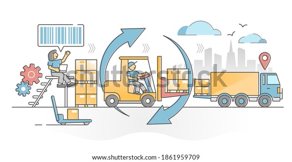 Warehouse management as stock inventory\
distribution work outline concept. Product storage and\
transportation occupation with forklift and barcode as symbolic\
logistics symbols vector\
illustration.
