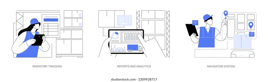 Warehouse management system abstract concept vector illustration set. Inventory tracking technology, warehouse worker making report using analytics software, smart navigation system abstract metaphor.