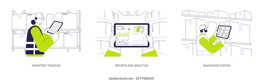 Warehouse management system abstract concept vector illustration set. Inventory tracking software, reports and analytics of stock goods, navigation system in wholesale business abstract metaphor.