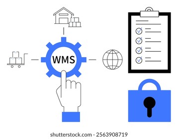 Warehouse management system gear icon in the center with elements like warehouse, checklist, hand cursor, global sphere, and security lock, all in minimalistic flat style. Ideal for inventory