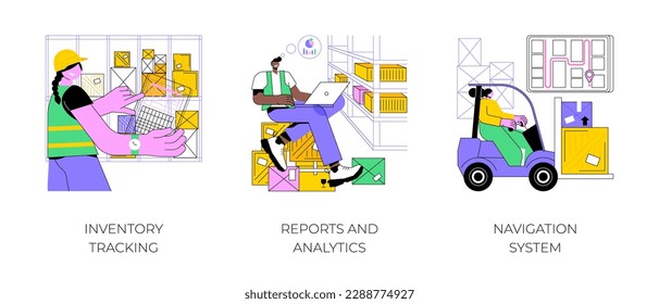 Warehouse management system isolated cartoon vector illustrations set. Inventory tracking technology, warehouse worker making report using analytics software, smart navigation system vector cartoon.