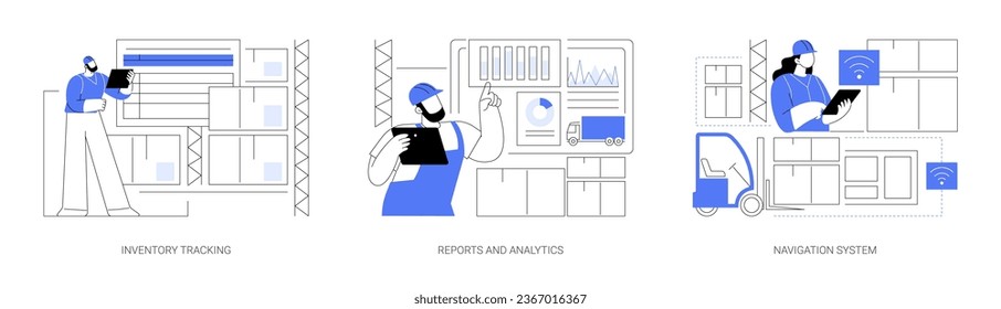 Warehouse management system isolated cartoon vector illustrations set. Inventory tracking technology, warehouse worker making report using analytics software, smart navigation system vector cartoon.