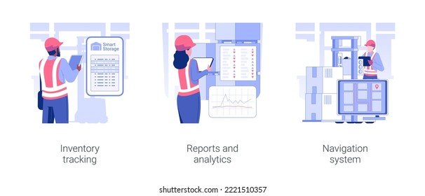 Warehouse management system isolated concept vector illustration set. Inventory tracking software, reports and analytics of stock goods, navigation system in wholesale business vector cartoon.