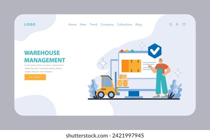 Warehouse Management web or landing page. Showcases organized inventory storage and effective use of monitoring systems for accuracy. Focuses on streamlined warehouse operations with technology.