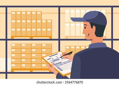 Warehouse Manager Checking or Inspecting Available Stock while Writing Report Data in Paper Document.