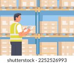 Warehouse manager checks the availability of goods. The worker holds a tablet in his hands against the background of racks with boxes. Vector illustration in flat style
