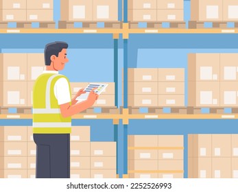 Warehouse manager checks the availability of goods. The worker holds a tablet in his hands against the background of racks with boxes. Vector illustration in flat style