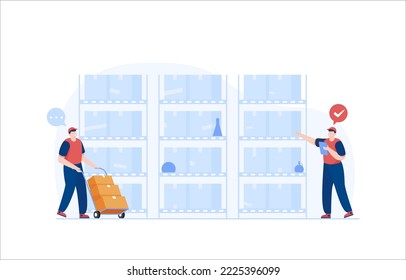 Warehouse manager maintaining delivery records. Inventory accuracy. Inventory control and warehouse products remain check. Vector Illustration