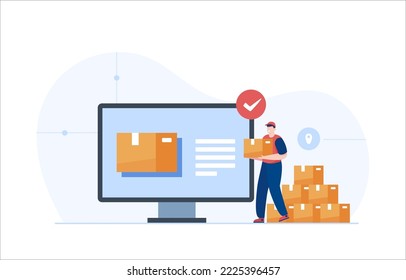 Warehouse manager maintaining delivery records. Inventory control and warehouse products remain check. Vector Illustration