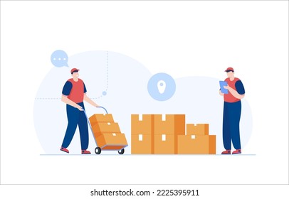 Warehouse manager maintaining shipping records. Warehouse workers transport parcels with trolleys. Inventory accuracy.Vector Illustration