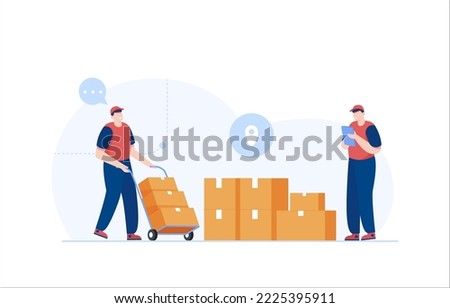 Warehouse manager maintaining shipping records. Warehouse workers transport parcels with trolleys. Inventory accuracy.Vector Illustration