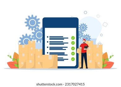 The warehouse manager maintains shipment records. Inventory accuracy. Control goods in and out of the warehouse. ensure goods quality control, Flat Vector Illustration on a white background.