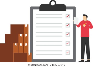 The warehouse manager maintains shipment records. Inventory accuracy. Control goods in and out of the warehouse. ensure goods quality control, Flat Vector Illustration on a white background.