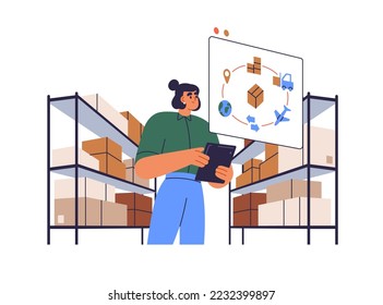 Warehouse manager organizing delivery of goods in boxes. Storehouse worker with tablet PC and packages on shelf. Digital smart logistics concept. Flat vector illustration isolated on white background