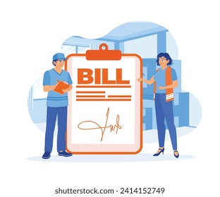 The warehouse manager signs the bill of lading after receiving the incoming goods. The woman confirms the delivery of merchandise. Order Confirmation concept. Flat vector illustration.