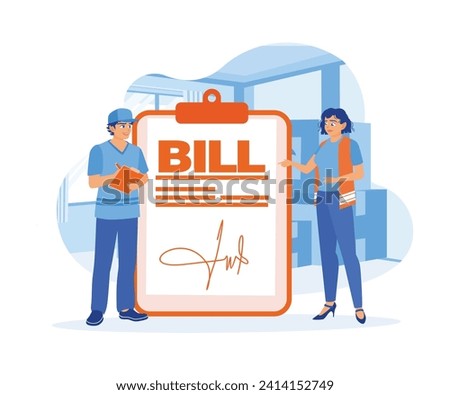 The warehouse manager signs the bill of lading after receiving the incoming goods. The woman confirms the delivery of merchandise. Order Confirmation concept. Flat vector illustration.