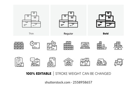 Warehouse manager, Wholesale stock, Goods checklist. Inventory line icons. Delivery logistic, Box shelf, Warehouse distribution outline icons. Wholesale freight, Storage and Inventory operator. Vector