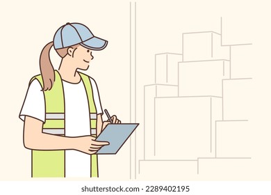 Warehouse manager woman doing inventory counting cardboard boxes in warehouse or truck and holding clipboard. Girl employee of logistics warehouse or retail distribution center looks at parcels 