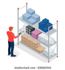 Warehouse manager or warehouse worker with bar code scanner checking goods on storage racks. Stock taking job. Flat 3d vector isometric illustration.