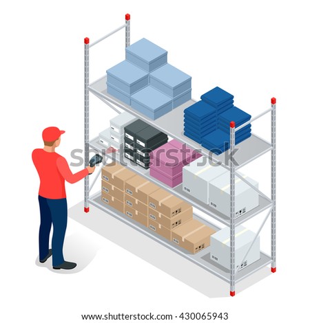 Warehouse manager or warehouse worker with bar code scanner checking goods on storage racks. Stock taking job. Flat 3d vector isometric illustration.