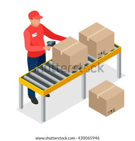 Warehouse manager or warehouse worker with bar code scanner checking goods on storage racks. Stock taking job. Flat 3d vector isometric illustration.