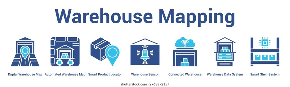 Warehouse Mapping web banner icon set vector illustration concept for business with icon of Digital Warehouse Map, Automated Warehouse Map, Smart Product Locator, Warehouse Sensor, Connected Warehou.