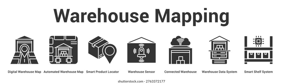Warehouse Mapping web banner icon set vector illustration concept for business with icon of Digital Warehouse Map, Automated Warehouse Map, Smart Product Locator, Warehouse Sensor, Connected Warehou.