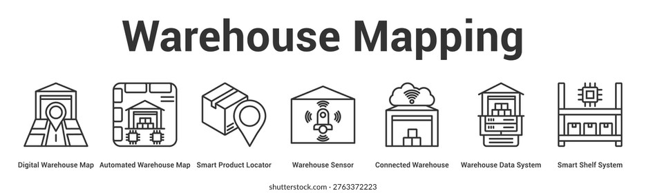 Warehouse Mapping web banner icon set vector illustration concept for business with icon of Digital Warehouse Map, Automated Warehouse Map, Smart Product Locator, Warehouse Sensor, Connected Warehou.